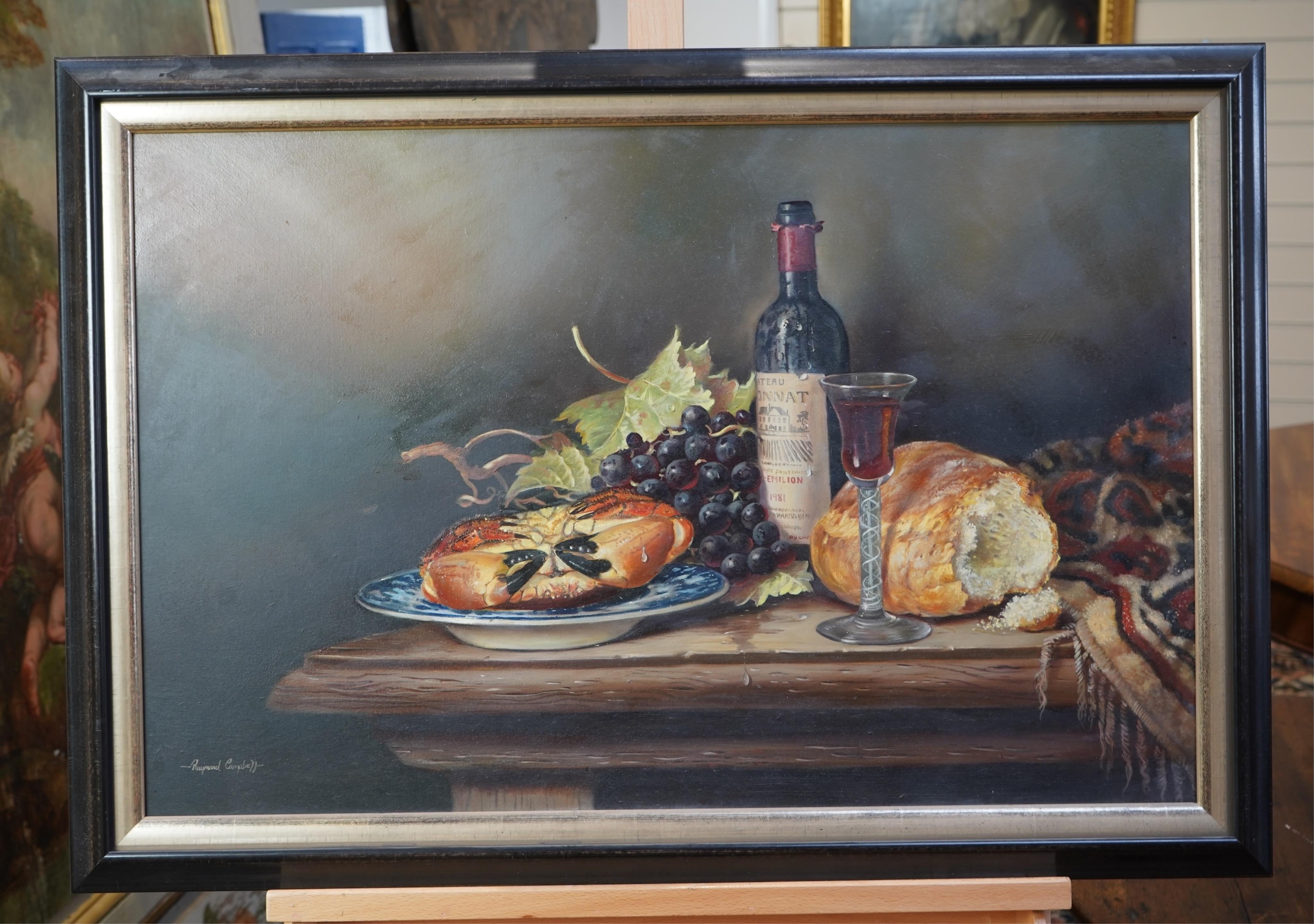 Raymond Campbell, b. 1956, A still life study of a crab, grapes, wine and bread on a ledge